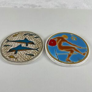 Vintage Greek Ceramic Coasters Set of 2 Niarchos Maltotechniki Handmade Greece